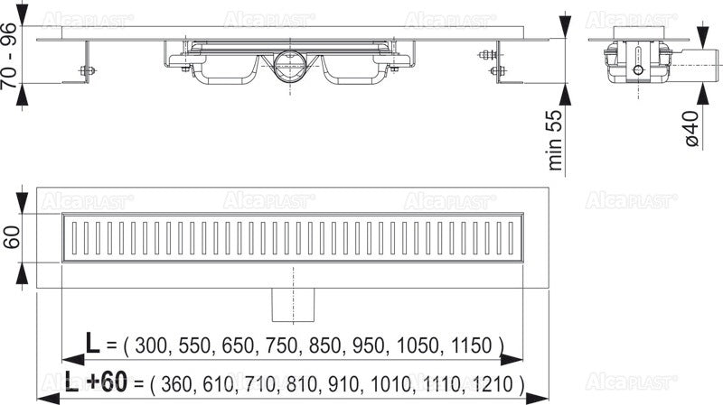 Alcaplast APZ 101 Low - дълбочина 5,5 см. техническа схема линеен сифон, размери, дебит, монтажни отвори — KERANOVA онлайн магазин