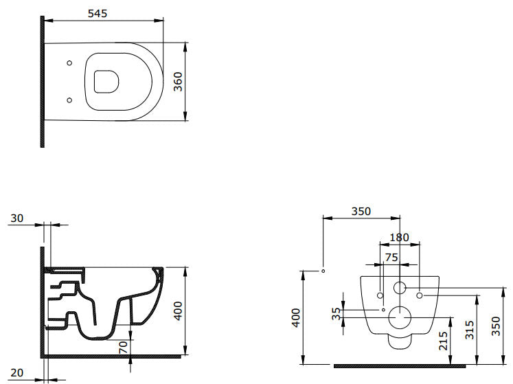 Комплект V-Tondo Rimless с БИДЕ Bocchi - технически чертеж с размери, проекция 54.5 см, Rimless, вградено биде, за KERANOVA онлайн магазин