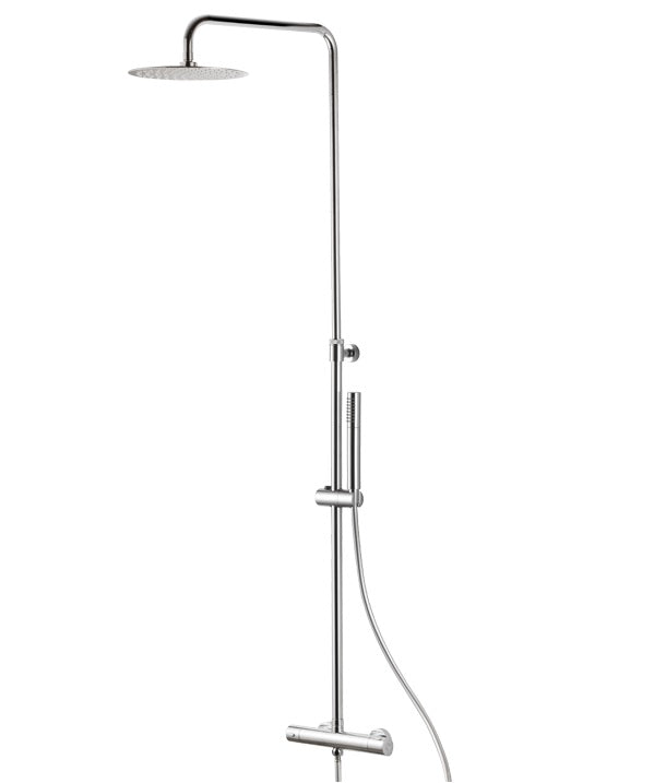 Душ колона Vema Round — термостатна душ колона с ултратънка пита Ф25см, антикалк дюзи, душ слушалка и силиконов шлаух — KERANOVA