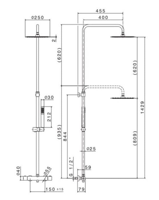 Душ колона Vema Round - технически чертеж с размери и разстояния, термостатна душ система за баня, KERANOVA