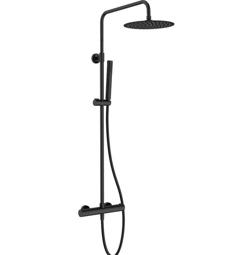 Душ колона Vema Round Black - термостатна черна душ колона с ултратънка 25см пита, антикалк дюзи, слушалка и 150см силиконов шлаух - KERANOVA