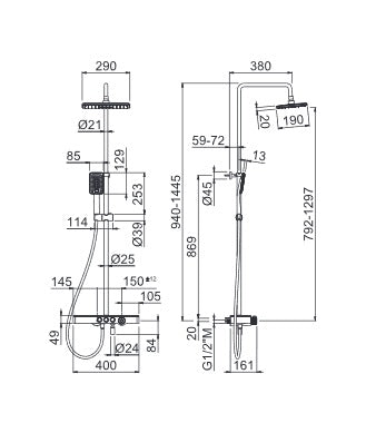 Душ колона с чучур Vema Welness термостатна, душ пита 29x19см, антиКалк, силиконов шлаух 150см - KERANOVA