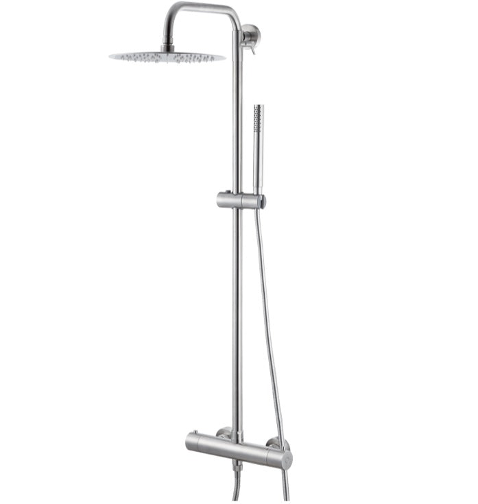 Душ колона Vema Tiber Steel - инокс, термостатна, 25 см душ пита, анти-калк дюзи, слушалка и 150 см силиконов шлаух - KERANOVA