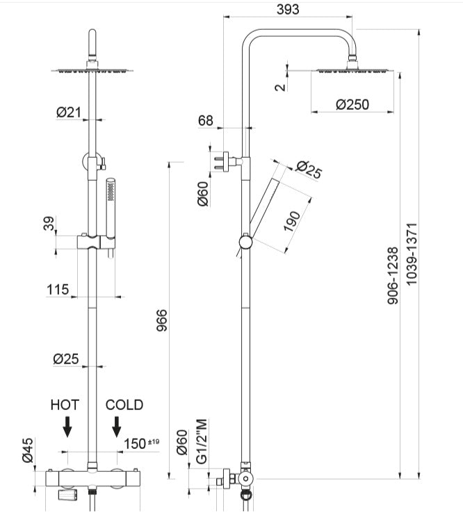 Душ колона Vema Tiber Steel - инокс, технически чертеж с размери за онлайн магазин KERANOVA