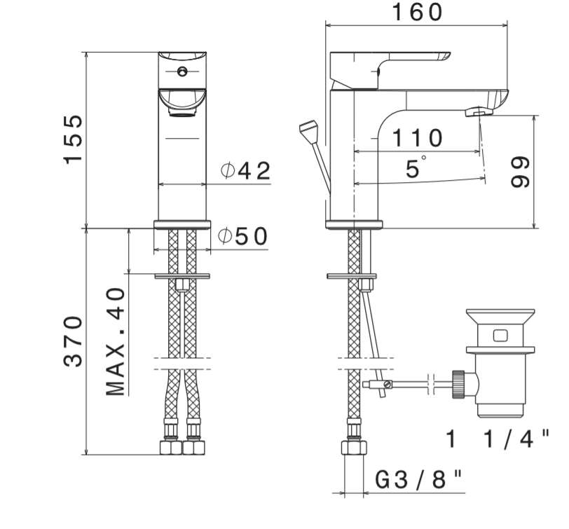 Vema Slate Black Matt за мивка - технически чертеж и размери на смесител Vema V14010.FO.202, черен мат, онлайн магазин KERANOVA
