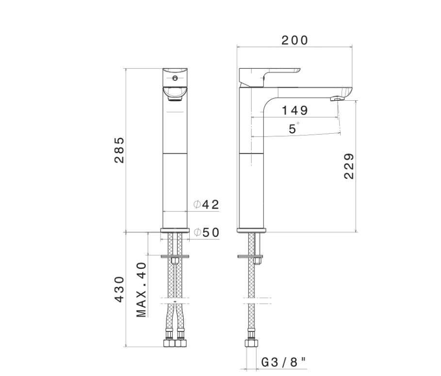 Vema Slate Black Matt висок за мивка - технически чертеж и размери на стоящ смесител Vema V14021.FO.202 за KERANOVA