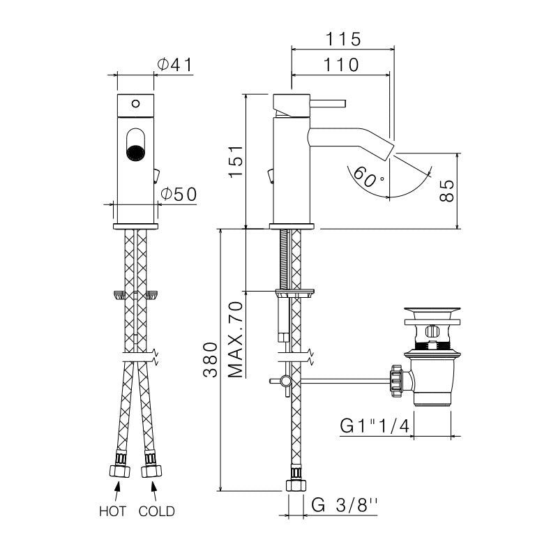 Vema Tiber Steel за мивка - инокс технически чертеж с размери и връзки за онлайн магазин KERANOVA