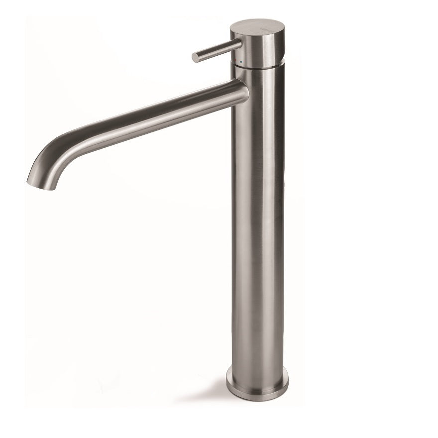Висок смесител за мивка Vema Tiber Steel - инокс от серия V17020, иноксов дълъг чучур, с изпразнител и 5 години гаранция - KERANOVA онлайн магазин