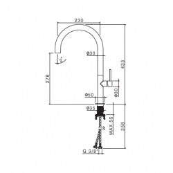 Кухненски смесител Vema Tiber Steel - инокс, технически чертеж с размери за онлайн магазин KERANOVA