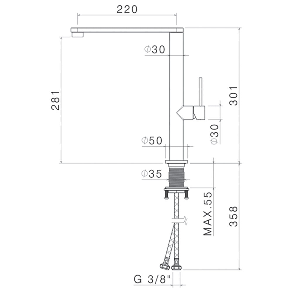 Кухненски смесител Vema Tiber Steel - инокс разрез с размери и монтажни връзки за онлайн магазин KERANOVA