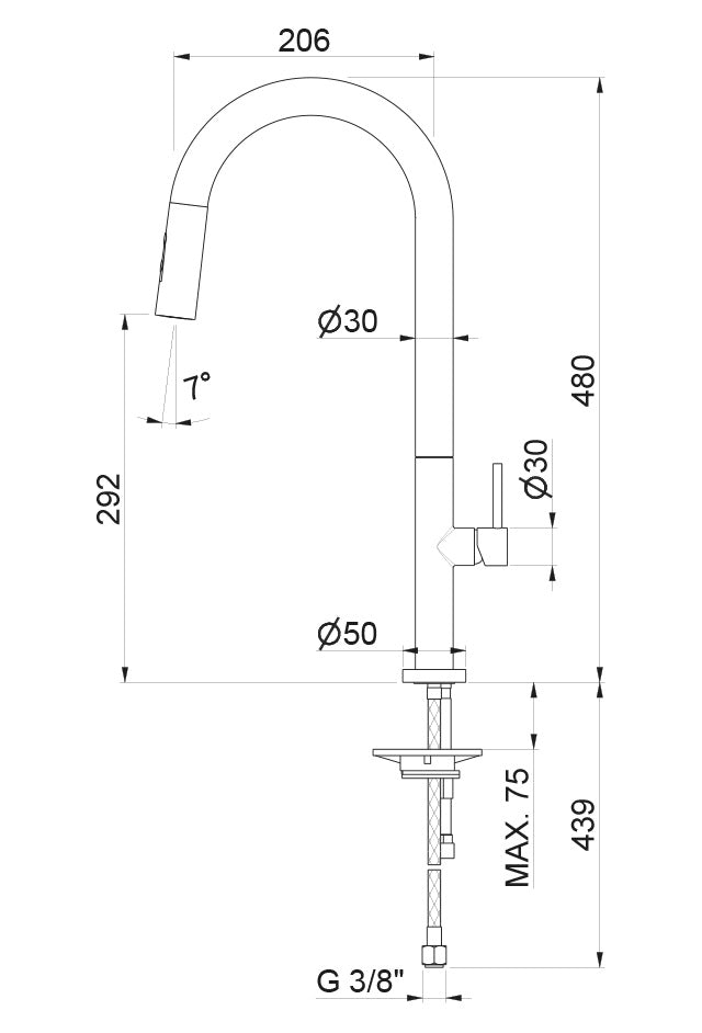Кухненски смесител Mosa изтеглящ Vema V26040.B0.010 чертеж с размери за онлайн магазин KERANOVA