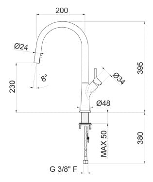 Кухненски смесител Mosa изтеглящ Vema V26041.B0.010 технически чертеж с размери за онлайн магазин KERANOVA