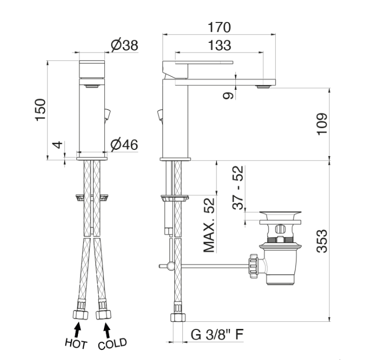 Vema Ayas Steel за мивка - инокс смесител схема с размери, изпразнител и маркучи за студена/топла вода - KERANOVA онлайн магазин