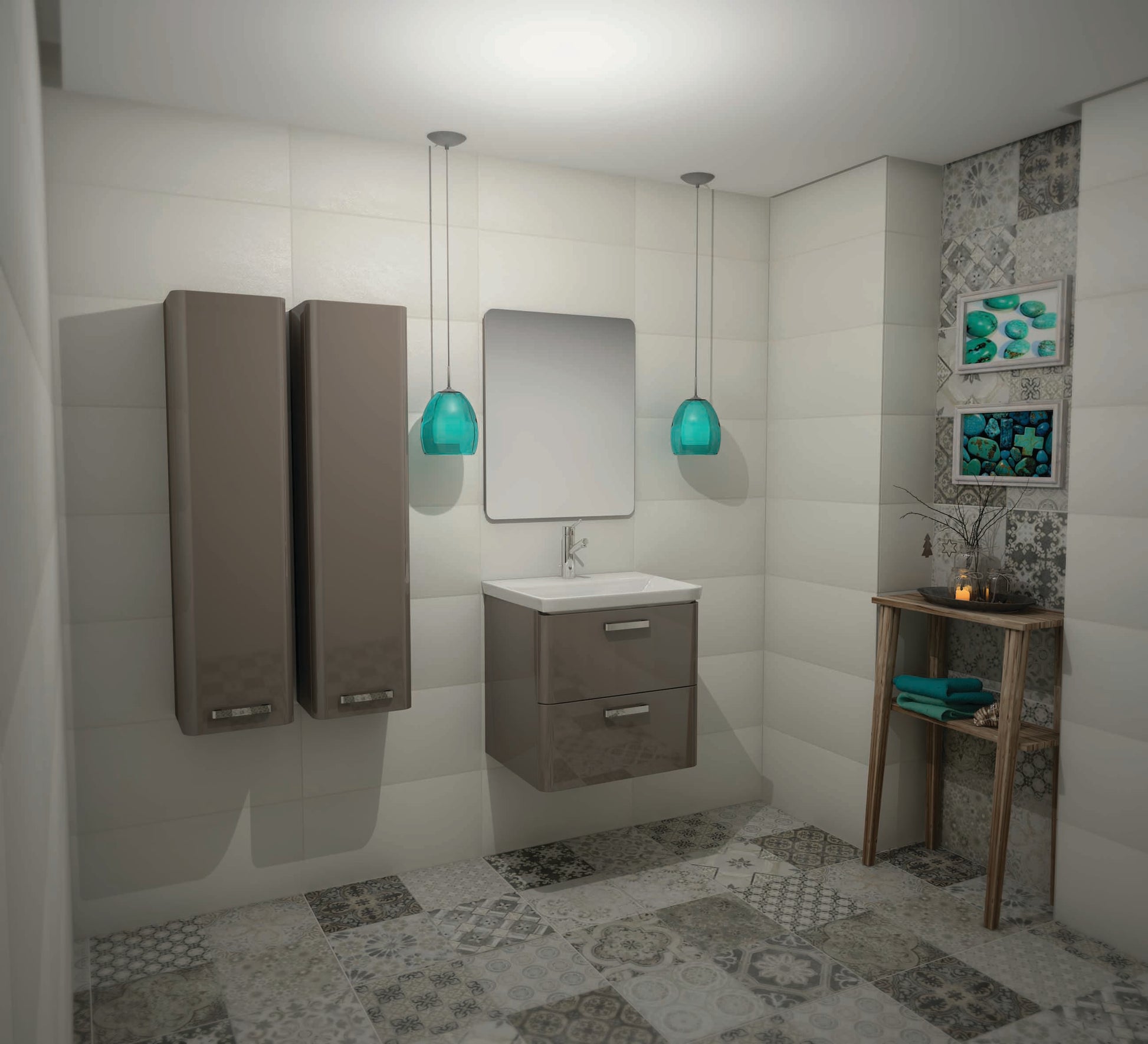 Серия Vogue 60 с врати - бежов PVC шкаф с мивка и стенни колони, онлайн магазин за обзавеждане за бани KERANOVA