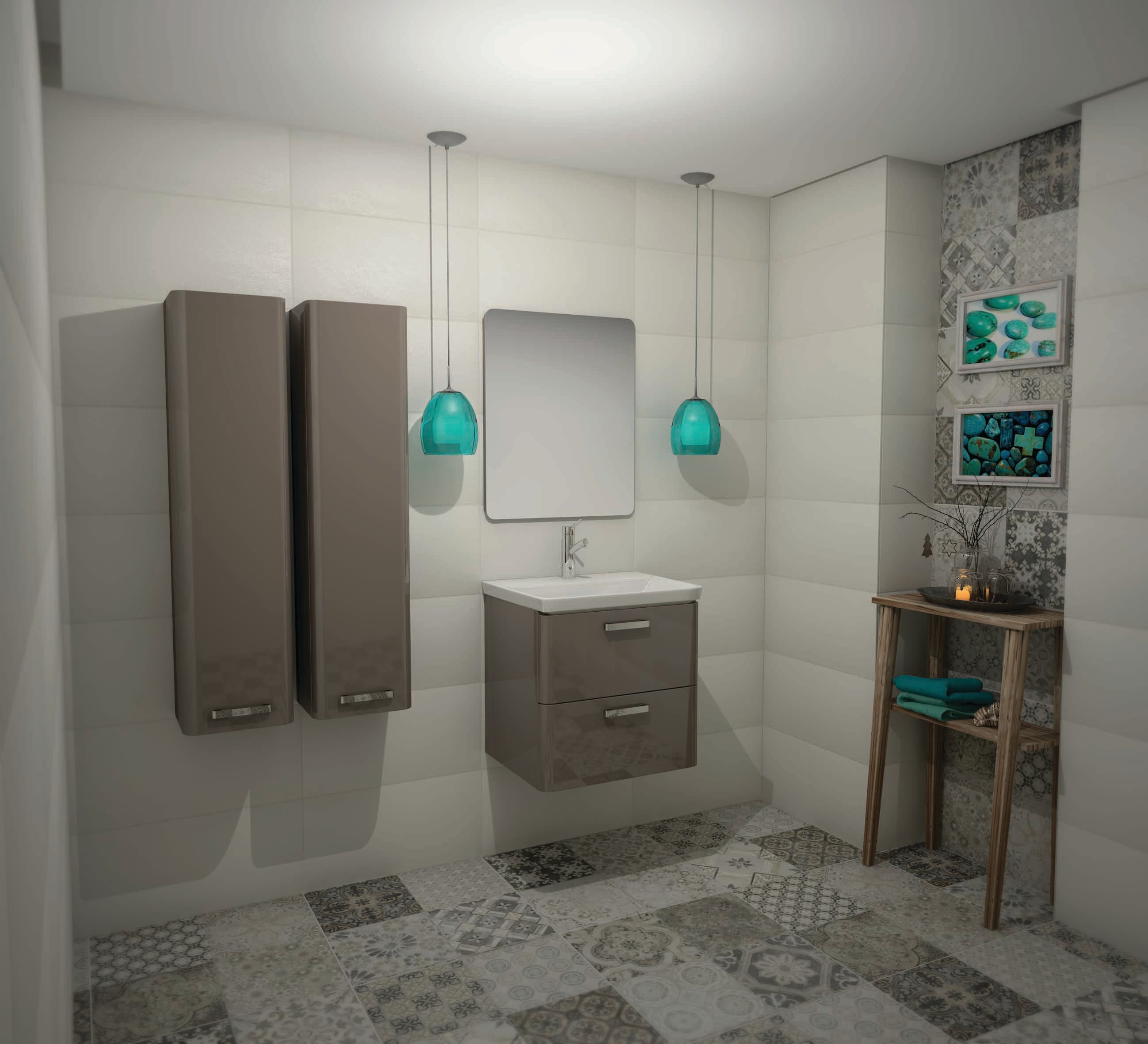 Серия Vogue 60 с чекмеджета - PVC шкаф с мивка и две soft close чекмеджета, огледало и стенен шкаф-колона, KERANOVA