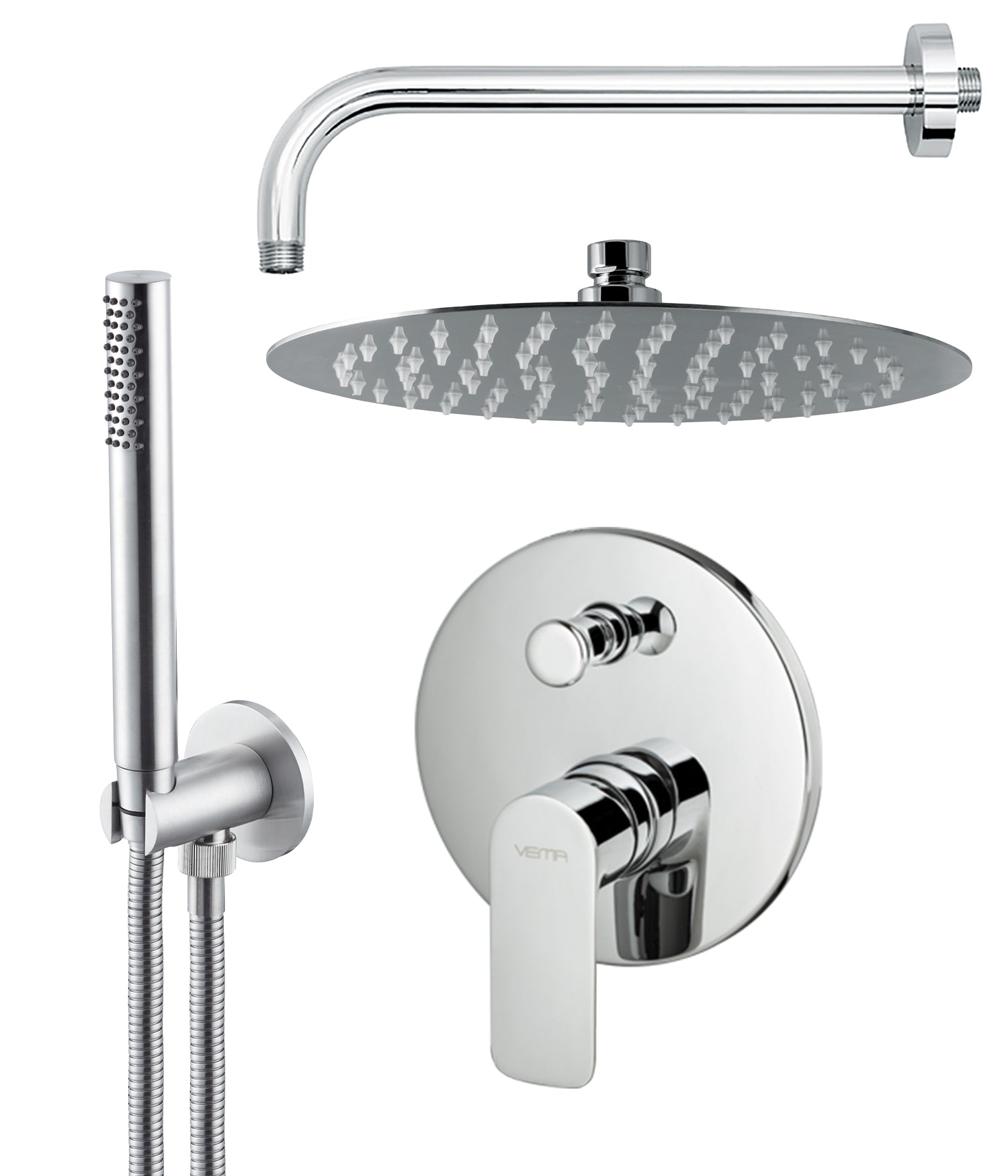 Вграден сет Vema Slate Chrome – кръгъл душ комплект хром, пита Ø25 см, смесител с превключвател, слушалка и шлаух от KERANOVA