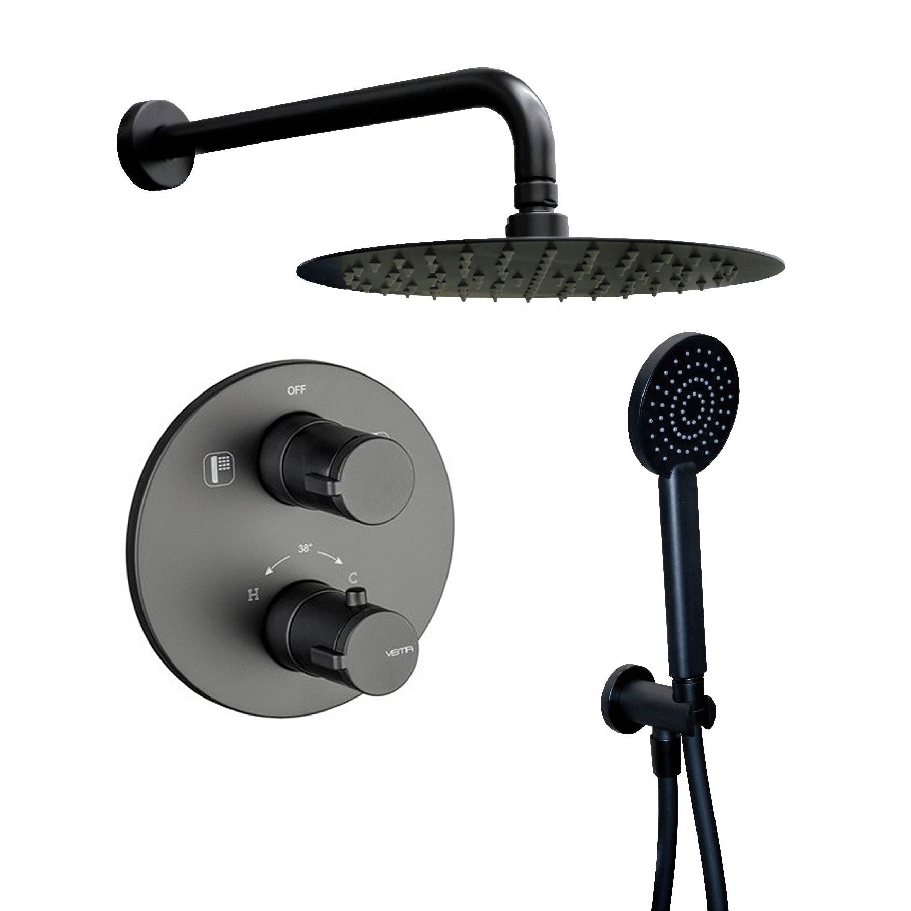 Вграден сет Vema Slate Thermo Black Matt - черен мат кръгъл душ комплект за вграждане с термостат, пита Ø25 см, слушалка, шлаух 150 см