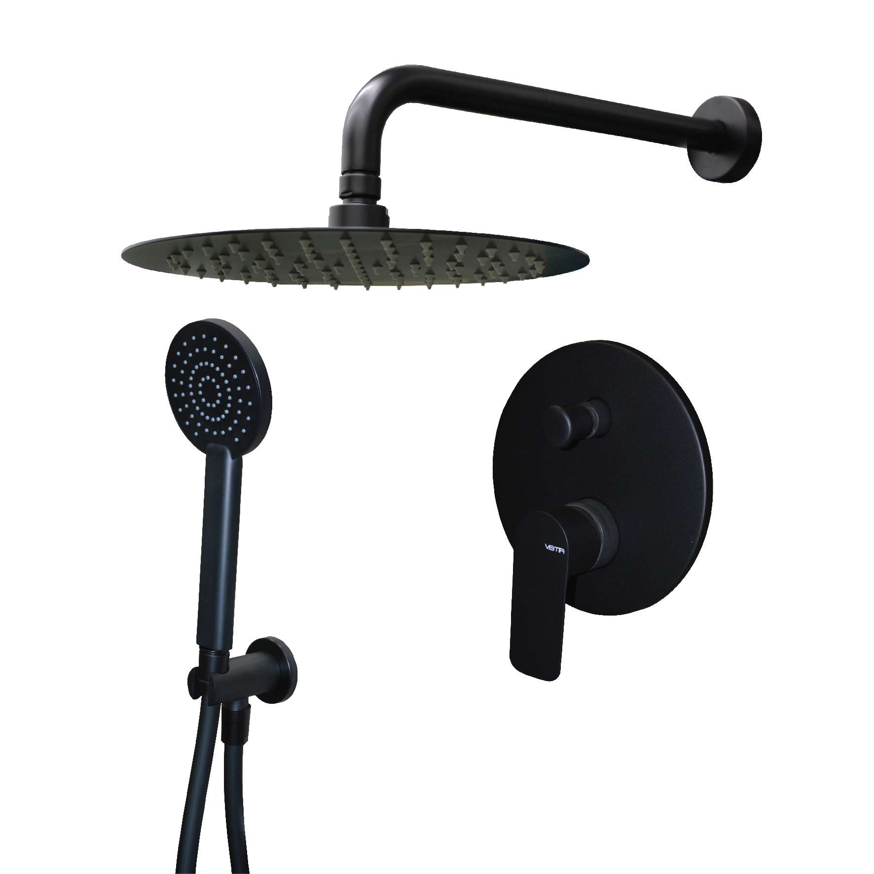 Вграден сет Vema Slate Black Matt - кръгъл черен мат душ комплект с F25 см пита, слушалка, стенно рамо и смесител за вграждане - KERANOVA