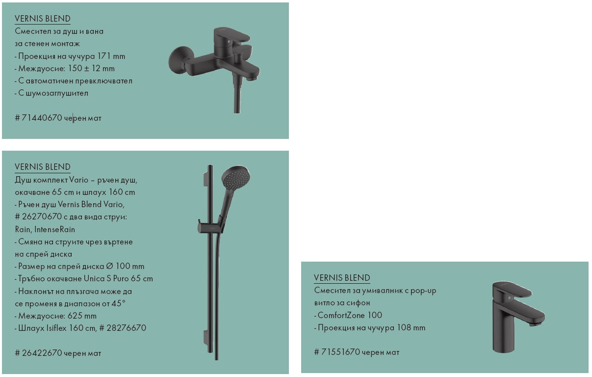 Комплект смесители за баня HansGrohe Vernis Blend Matt Black - комплект смесители за баня от KERANOVA, матиран черен, включва умивалник, душ и ванна