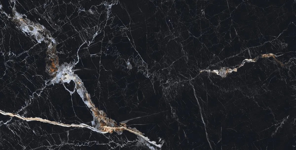 Vience Black Polished 60x120 полиран гранитогрес черен с бели и златисти жилки - онлайн магазин за обзавеждане за бани KERANOVA