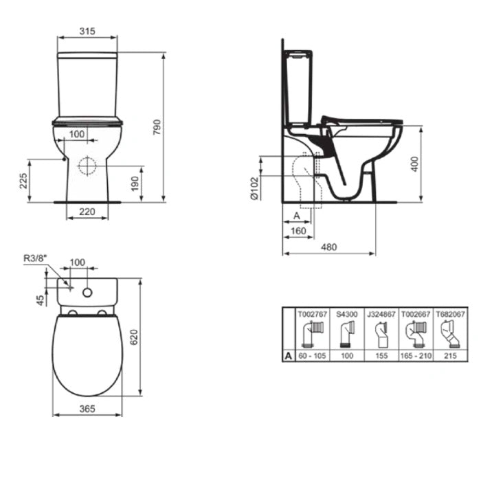 Моноблок Eurovit+ RimLS+ - Ideal Standard технически чертежи с размери и монтажни схеми за KERANOVA онлайн магазин