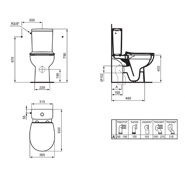 Моноблок Eurovit+ RimLS+ - Ideal Standard технически чертеж с размери за монтаж, KERANOVA онлайн магазин за бани