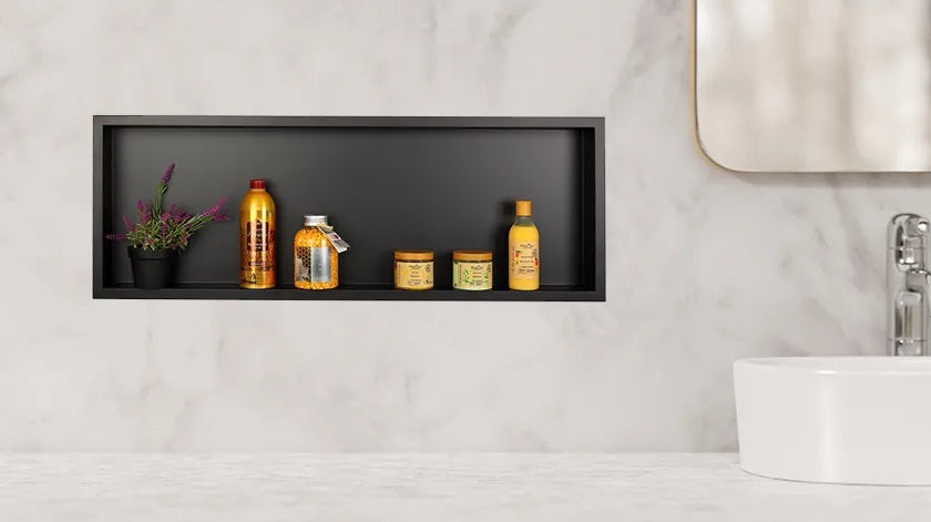 Ниша за вграждане WALL-BOX ONE Black  - черен мат в модерна баня, неръждаема с черно тефлоново покритие и козметика, онлайн магазин KERANOVA