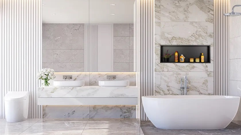 Ниша за вграждане WALL-BOX ONE Black  - черен мат в модерен баня интериор с вана и мивка, онлайн магазин KERANOVA