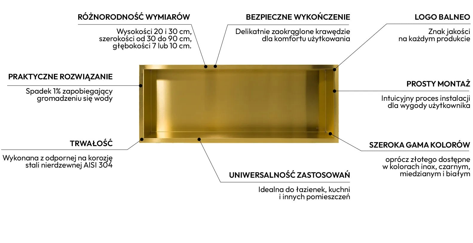 Ниша за вграждане WALL-BOX ONE Gold  - златен мат, луксозна неръждаема ниша за баня в цвят драскано злато, размери и характеристики