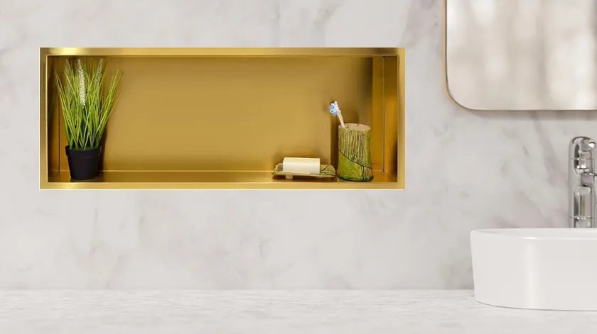 Ниша за вграждане WALL-BOX ONE Gold  - златен мат в баня, неръждаема PVD златна ниша за душ, онлайн магазин KERANOVA