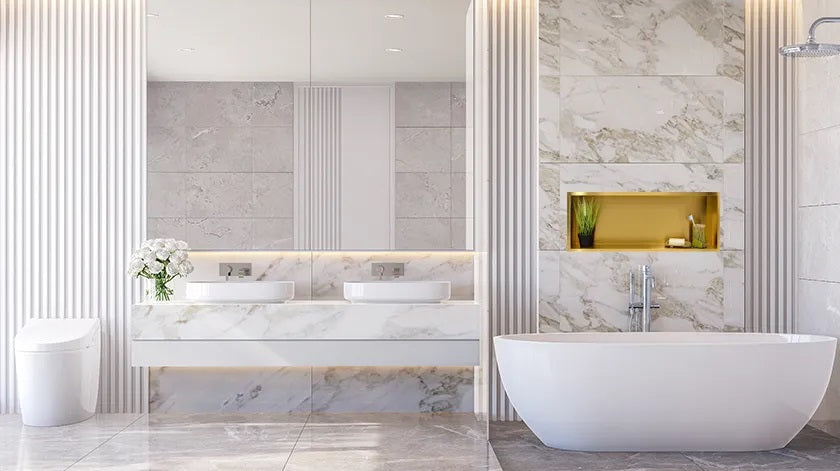 Ниша за вграждане WALL-BOX ONE Gold  - златен мат в луксозна баня с вана и мраморни плочки - KERANOVA