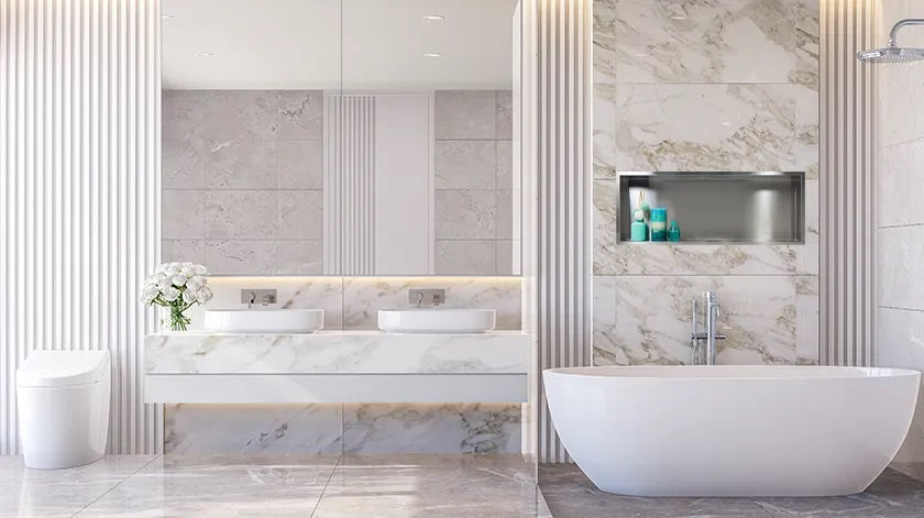 Ниша за вграждане WALL-BOX ONE Inox в модерна баня с иноксово покритие, бял мрамор и вграден рафт – KERANOVA онлайн магазин