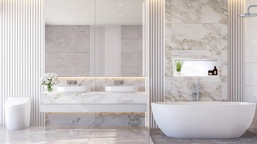 Ниша за вграждане WALL-BOX ONE White  - бял мат в елегантна бяла баня с вана, двоен плот и мраморни плочки за онлайн магазин KERANOVA