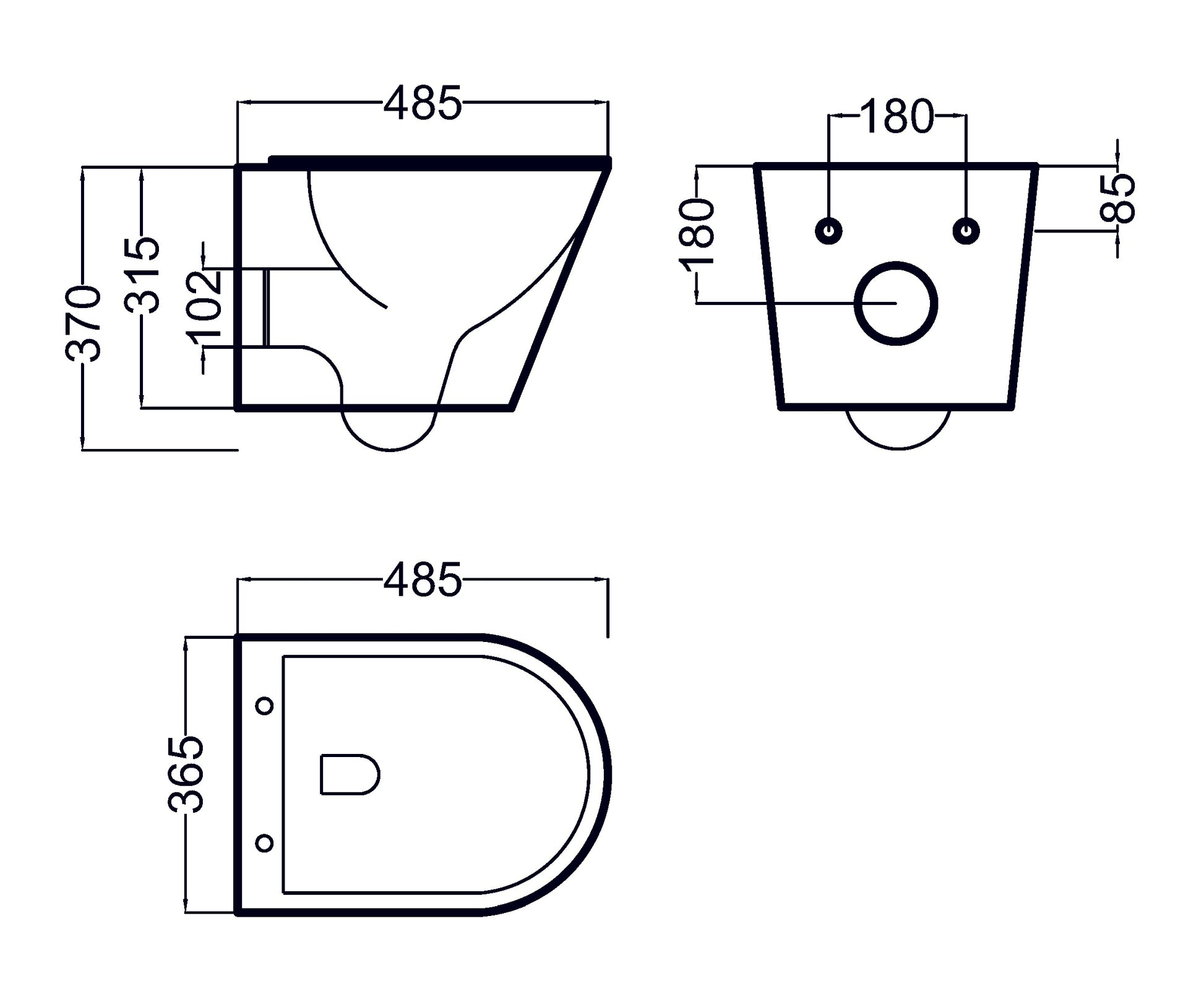 Конзолна тоалетна Magenta Rimless 48,5 см. - Becrisa; технически чертеж с размери 485x365x370 мм за онлайн магазин KERANOVA