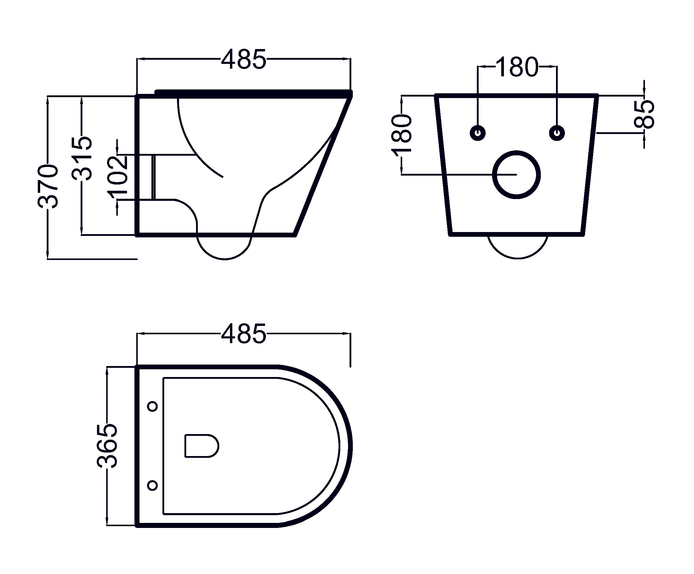 Конзолна тоалетна Magenta Rimless 48,5 см. - Becrisa; технически чертеж с размери 485x365x370 мм за онлайн магазин KERANOVA