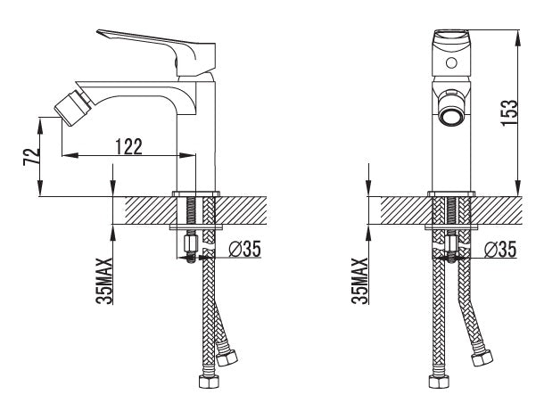 Смесител за биде Ralap - стоящ сатен хром смесител за биде с технически чертеж и размери, онлайн магазин за обзавеждане за бани KERANOVA