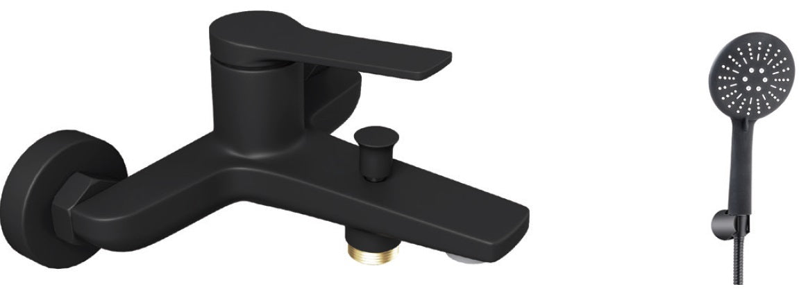 Смесител за вана/душ Andare Nero черен мат стенен с чучур, комплект слушалка, шлаух и държач - онлайн магазин KERANOVA