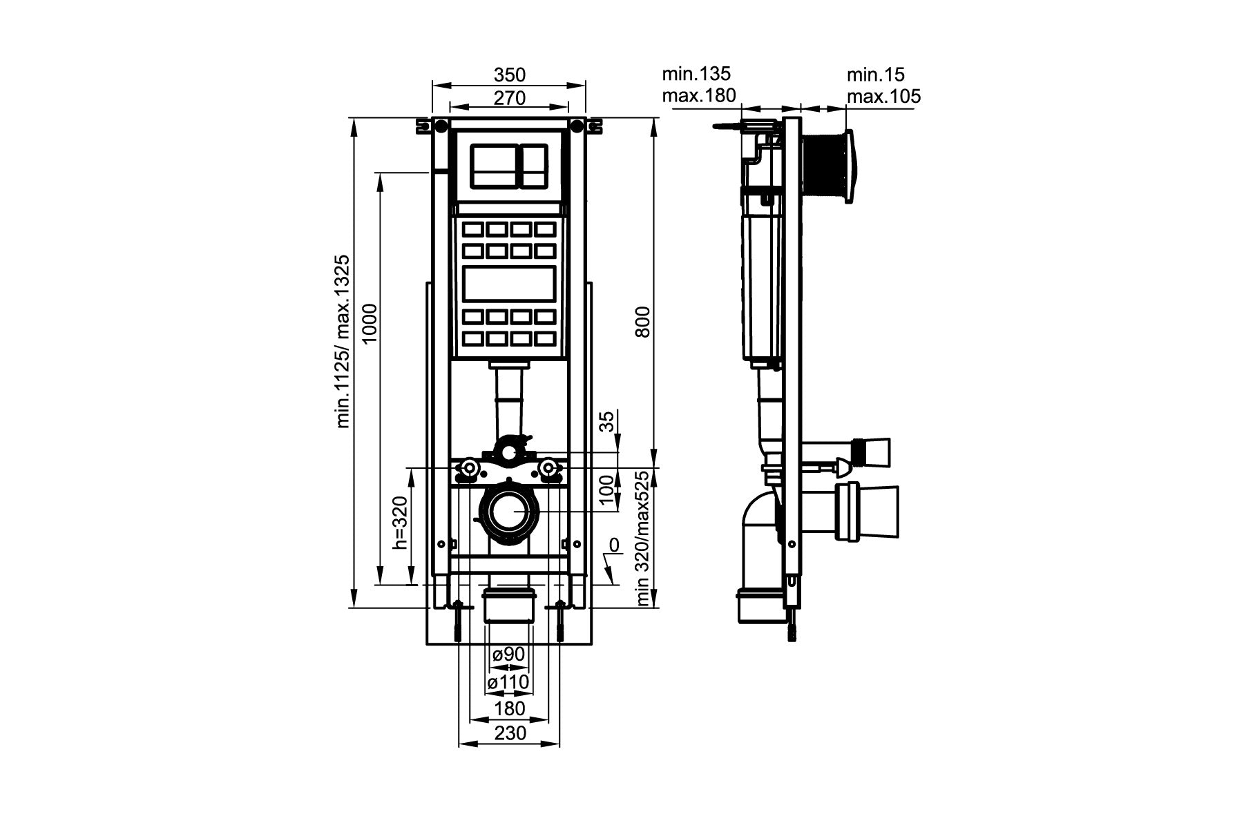 Комплект Eco Compact + Mira - Fayans технически чертеж с размери на структура за вграждане, компактна ширина 350 мм, монтаж под/стена - KERANOVA