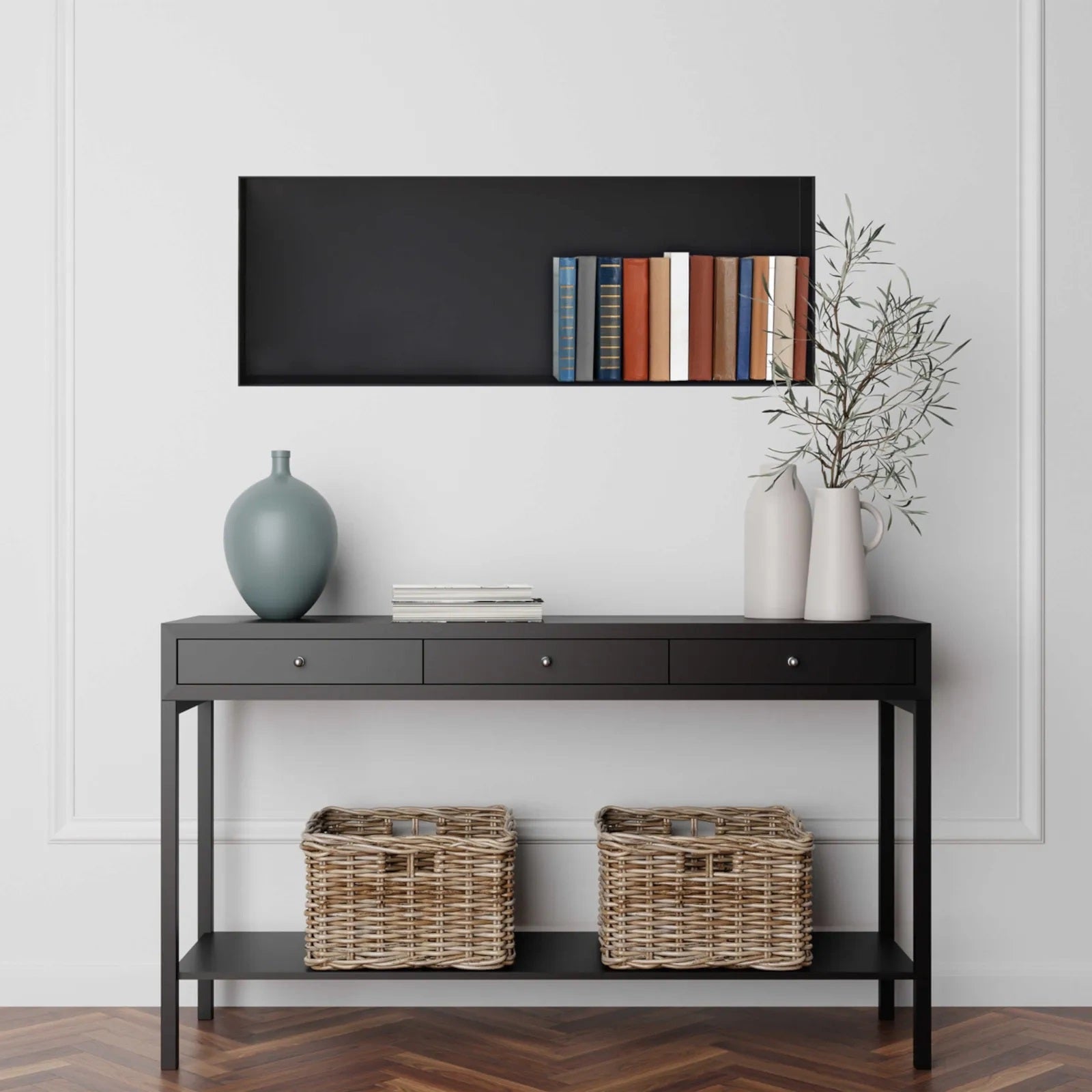 Ниша за вграждане WALL-BOX No Rim Black  - черен мат в модерен коридор с черна вградена ниша и декорация KERANOVA