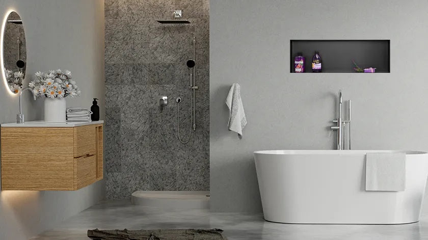 Ниша за вграждане WALL-BOX No Rim Black  - черен мат в модерна баня над ваната, скрита рамка, тефлоново покритие, онлайн магазин KERANOVA