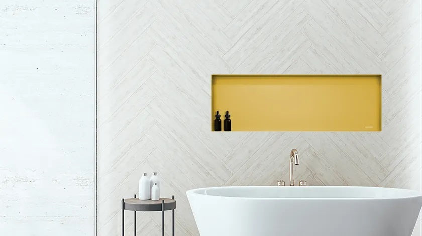 Ниша за вграждане WALL-BOX No Rim Gold  - златен мат в баня, златна матова вградена ниша с черно тефлоново покритие за онлайн магазин KERANOVA