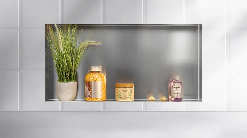 Ниша за вграждане WALL-BOX No Rim Inox – иноксовa баня ниша с декоративни шишенца и растение, онлайн магазин KERANOVA