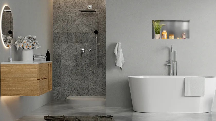 Ниша за вграждане WALL-BOX No Rim Inox в модерна баня с иноксово покритие, дизайнерска ниша над вана – KERANOVA онлайн магазин