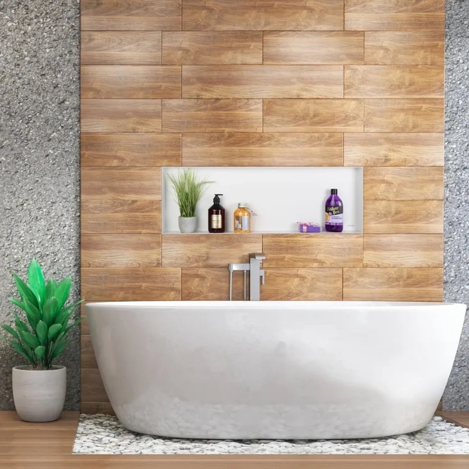 Ниша за вграждане WALL-BOX No Rim White  - бял мат в модерна баня над вана с дървени плочки и аксесоари - KERANOVA