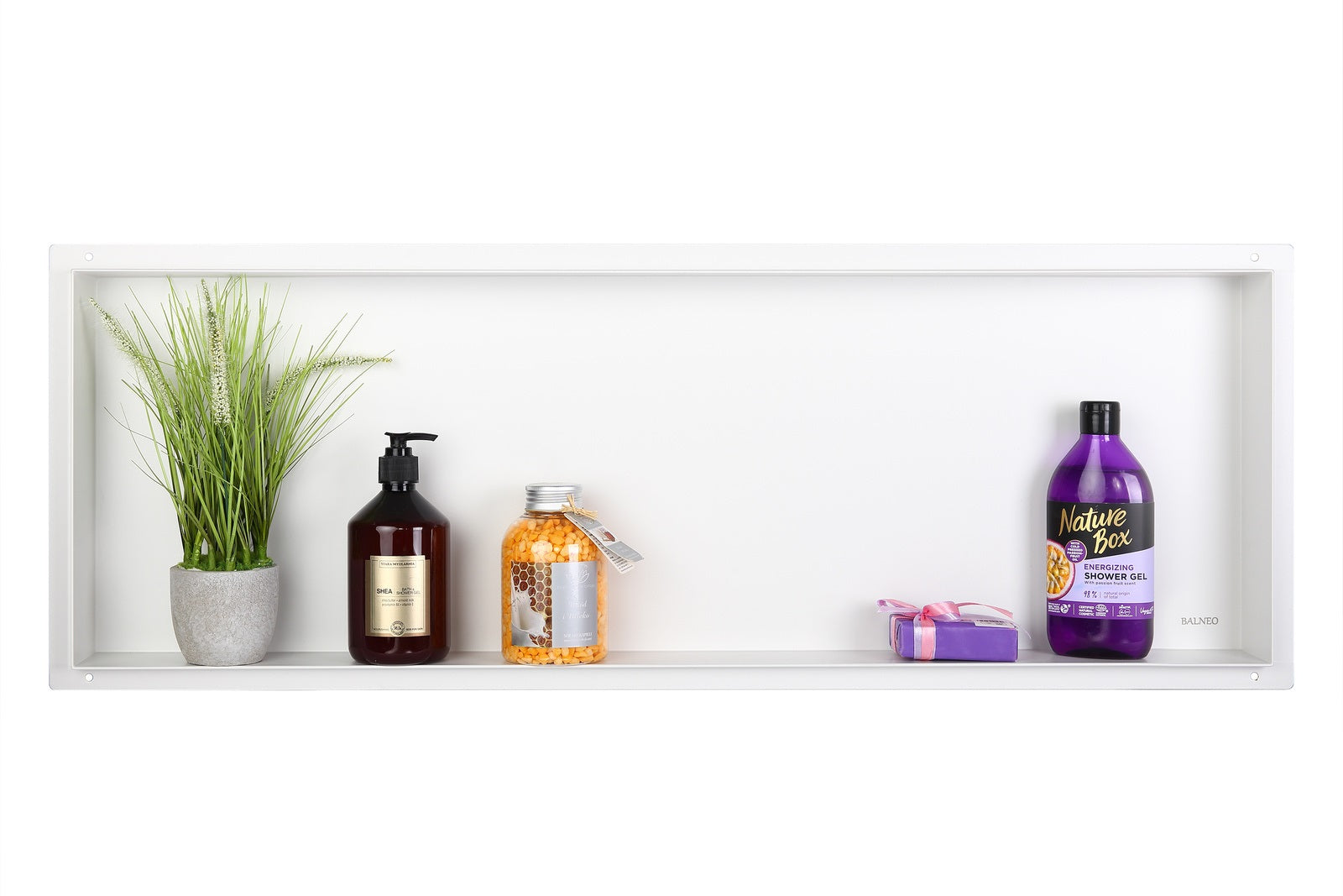 Ниша за вграждане WALL-BOX No Rim White  - бял мат с аксесоари за баня, бяло тефлоново покритие, скрита рамка, онлайн магазин KERANOVA