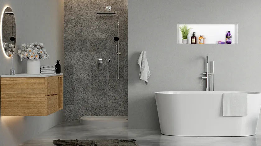 Ниша за вграждане WALL-BOX No Rim White  - бял мат в съвременна баня до вана и душ, бяло тефлоново покритие, онлайн магазин KERANOVA