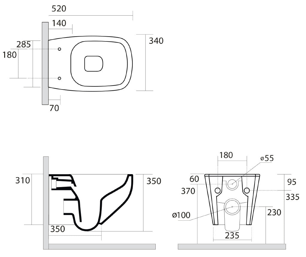 Rimless конзолна тоалетна White Jam - AXA Italy технически чертеж с размери и монтажни отвори за онлайн магазин KERANOVA
