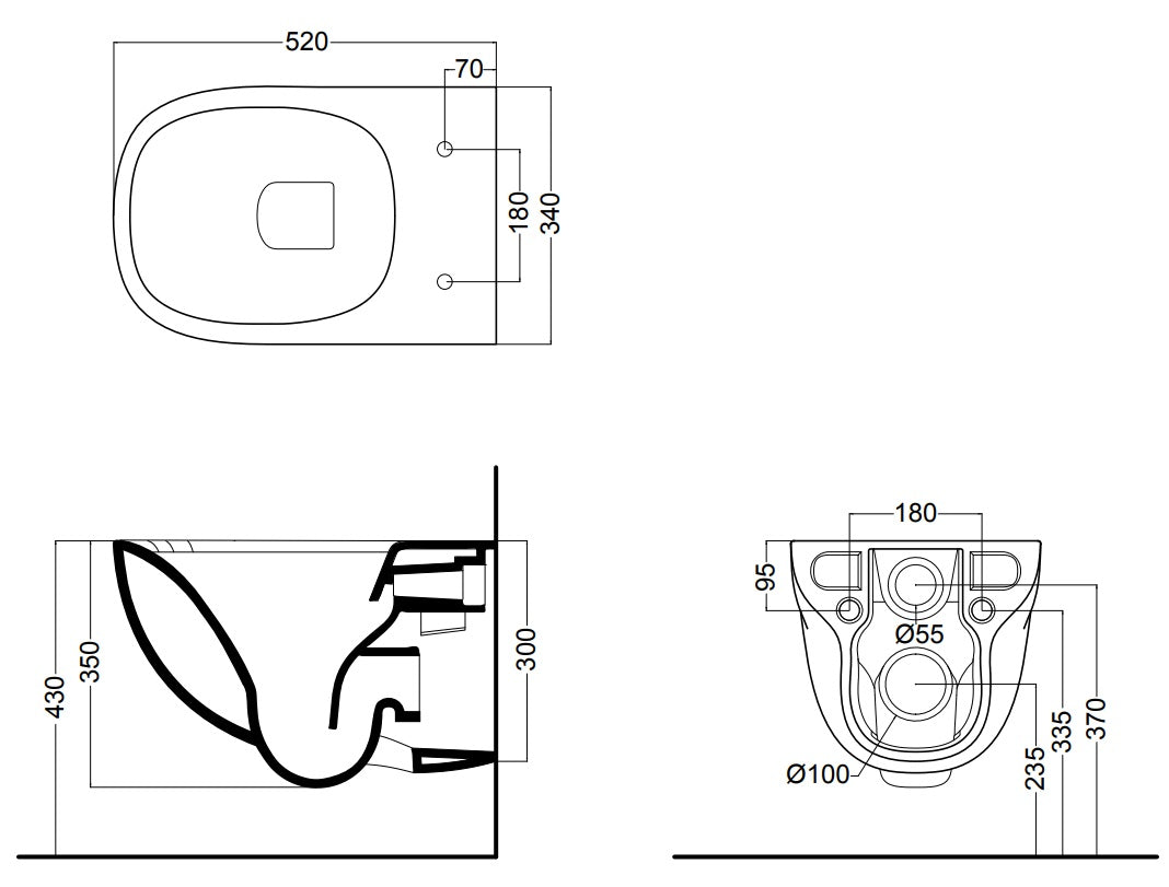 Rimless конзолна тоалетна Wild - AXA Italy чертеж с размери и схема за вграден монтаж, NO RIM, седалка, технически размери