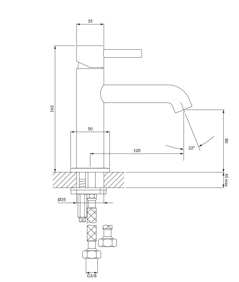 Смесител за мивка Omnires Y Copper чертеж с размери, височина 162 мм, дължина чучур 120 мм – онлайн магазин за обзавеждане за бани KERANOVA
