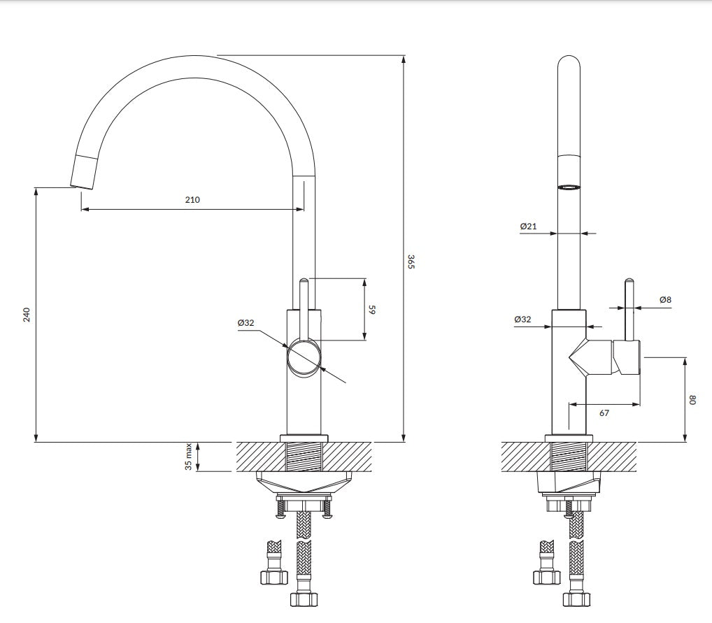 Кухненски смесител Omnires Y Brushed Copper технически чертеж с размери 21 см чучур, въртящ се, KERANOVA онлайн магазин